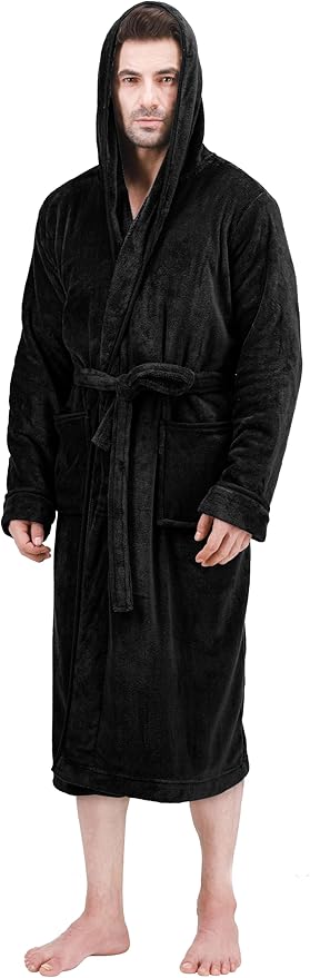 NY Threads Mens Robe with Hood, Luxury Plush Fleece Hooded Mens Bathrobe, Spa Bath Robe for Men