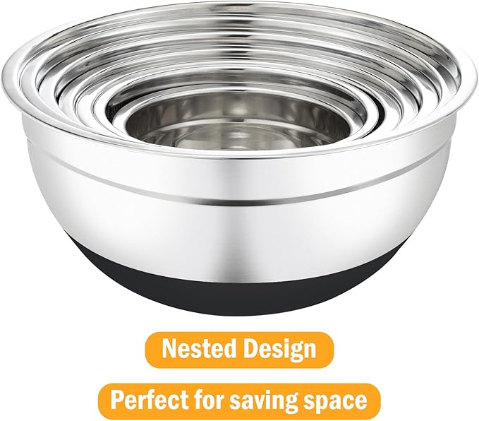 Unokit Mixing Bowls with Lids Set, 7 Pcs Stainless Steel Mixing Bowls with 3 Grater Attachments, Non-Slip Silicone Base Mixing Bowl Set, Sizes 4.5, 4, 3.5, 2.1, 1.5, 1.1, 0.7 Qt for Mixing, Serving