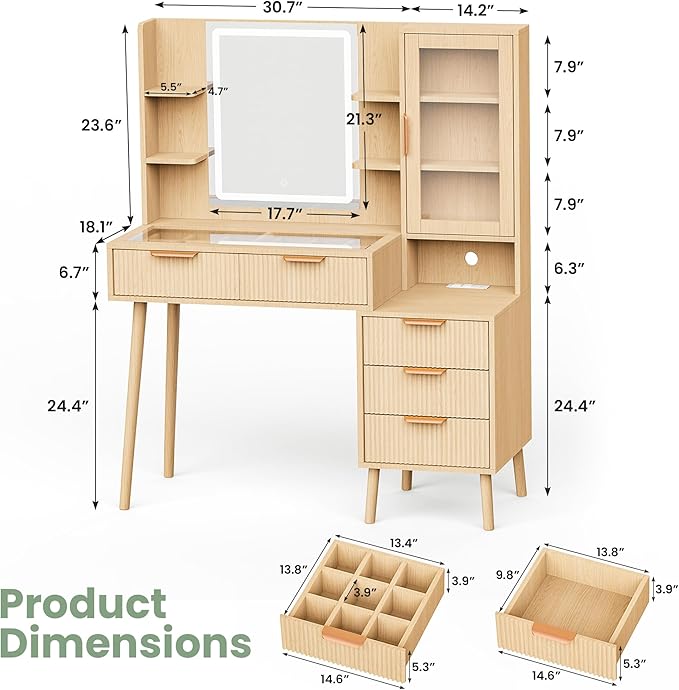 Fluted Vanity Desk with Mirror and Lights, 5 Drawers Glass Top Makeup Vanity with 10 Storage and 9-Grid Organizer, 3 Color Clear Glass Door Dressing Table with Charging Station, Natural Oak