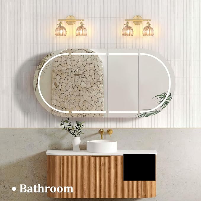 Bathroom Light Fixtures, 2-Light Brass Vanity Wall Light Over Mirror with Amber Tulip Glass Shade for Bedroom Living Room