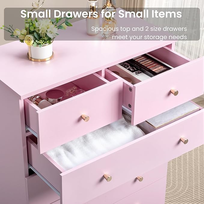 Karl home Pink 6 Drawer Dresser for Bedroom, Tall Dresser Chest of Drawers, Wood Pink Bedroom Dressers for Girls, Anti-Tipping Device, Rose Gold Metal Handle, Living Room, Entryway, Hallway, Office