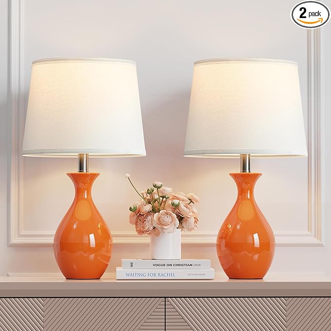 PARTPHONER Table Lamp Set of 2, Modern Ceramic Bedside Lamps for Night Stands, Classic Small Lamp Nightstand Lamp for Bedroom Living Room Desk End Table Rocker Swtich Orange