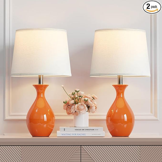 PARTPHONER Table Lamp Set of 2, Modern Ceramic Bedside Lamps for Night Stands, Classic Small Lamp Nightstand Lamp for Bedroom Living Room Desk End Table Rocker Swtich Orange