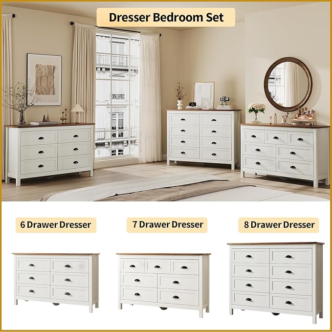 White Dresser for Bedroom, Farmhouse 8 Drawer Dresser, Wide Chest of Drawers with Metal Handles, Modern Wood Double Chest for Bedroom, Living Room, Hallway