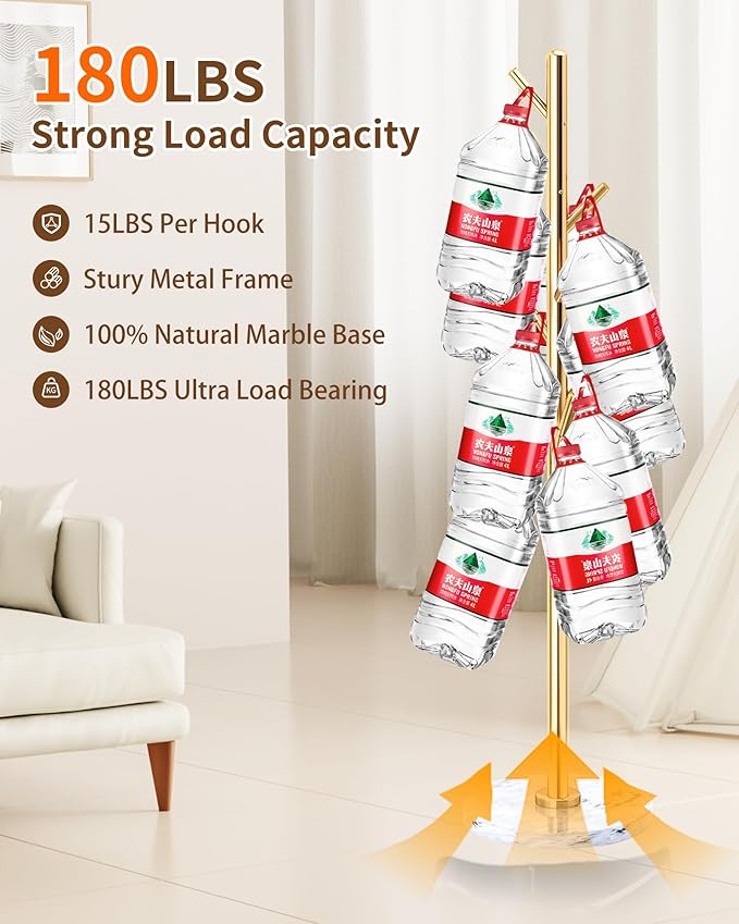 EZIVIEZ Modern Coat Rack Stand, Metal Freestanding Coat Rack with Natural Marble Base, Golden Coat Racks with 8 Hooks and Coat Hanger Tree Jacket Stand for Office, Entryway, Hallway