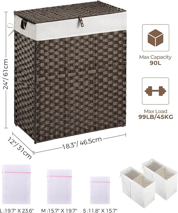 Greenstell Laundry Hamper with lid, No Install Needed, 90L Wicker Laundry Baskets Foldable 2 Removable Liner Bags, 2 Section Clothes Hamper Handwoven Rattan Laundry Basket with Handles, Brown