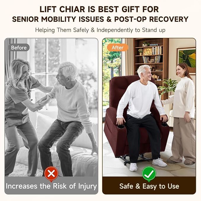 Triple Motor Large-Wide Power Lift Recliner Chair with Power Headrest for Big and Tall Elderly, Infinite Position, Massage Heat, Extend Footrest, USB, Cup Holder, Plush Flannel Red