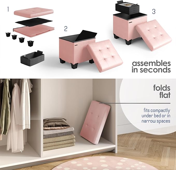 STORAGEBUD Storage Ottoman Cube with Small Bin, 16-in Square Ottoman with Storage for Living Room and Bedroom, Small Ottomans Foot Rest, Faux Leather Foot Stools Ottomans Max 330lbs, Pink