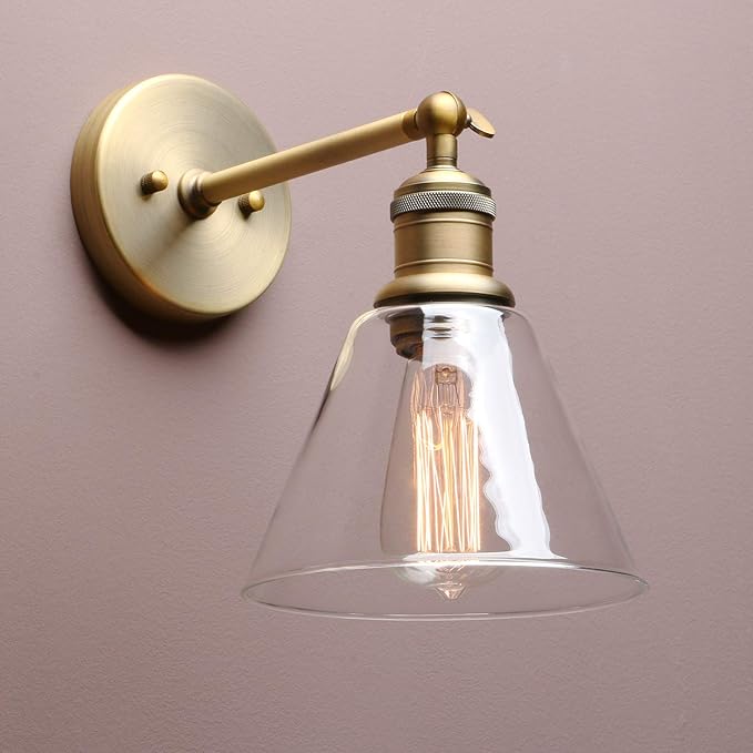 Yosoan Indoor Wall Sconce Fixture Light, 1-Light Modern Single Antique Brass Vintage Industrial Hardwired with Funnel Flared Clear Glass Shade Lamp for Bathroom Sink Porch Kitchen Living Room(Antique)