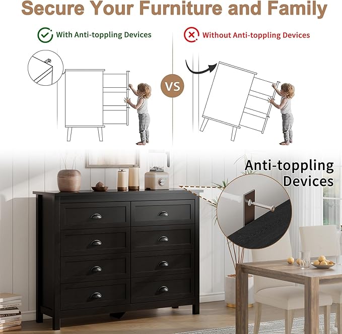 Black Dresser for Bedroom, Farmhouse 8 Drawer Double Dresser with Vintage Antique Handles, Modern Tall Dressers and Chest of Drawers for Bedroom