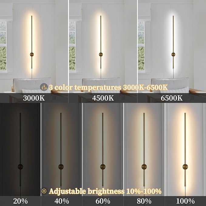 Dimmable Plug in Wall Sconce Set of 2, Gold 31.5" LED Wall Light with Remote, Adjustable Color Temperature Brightness Wall lamp with Timer for Living Room,Bedroom and Accent Lighting