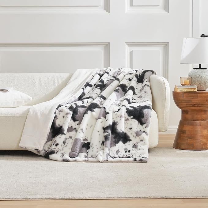 Cozy Bliss Cow Print Faux Fur Throw Blanket, Animal Printed Blankets Super Soft Warm Thick Fluffy Throws Home Decor for Couch Bed Sofa Women (Black&Grey Cow, 50x60 Inches)