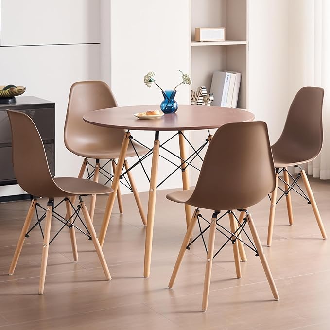 35.5'' 5 Piece Round Dining Table Set for 4, Mid-Century Modern Table with Chairs, Space Saving, Plastic Seats, Wood Legs, Circle Dinner Table for Kitchen, Home, Apartment, Brown