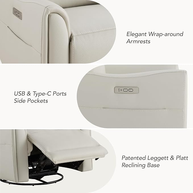 Watson & Whitely Power Recliner Chairs for Adults, Swivel Rocker Recliner Chair with Charging Ports for Living Room, Faux Leather RC011 (Cream)