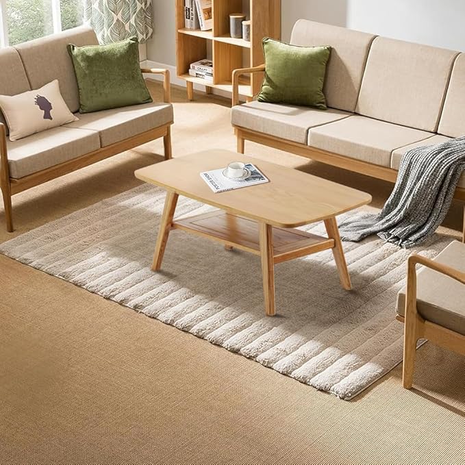 Wood Coffee Table - 2-Tier Oak Coffee Table - Modern Center Coffee Table with Storage Shelf for Living Room, Apartment, and Office