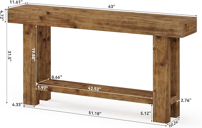 63-Inch Solid Wood Long Console Table, Farmhouse Narrow Entryway Sofa Table with 2-Tier Storage, for Living Room, Hallway, Entrance, Foyer, Rustic Brown