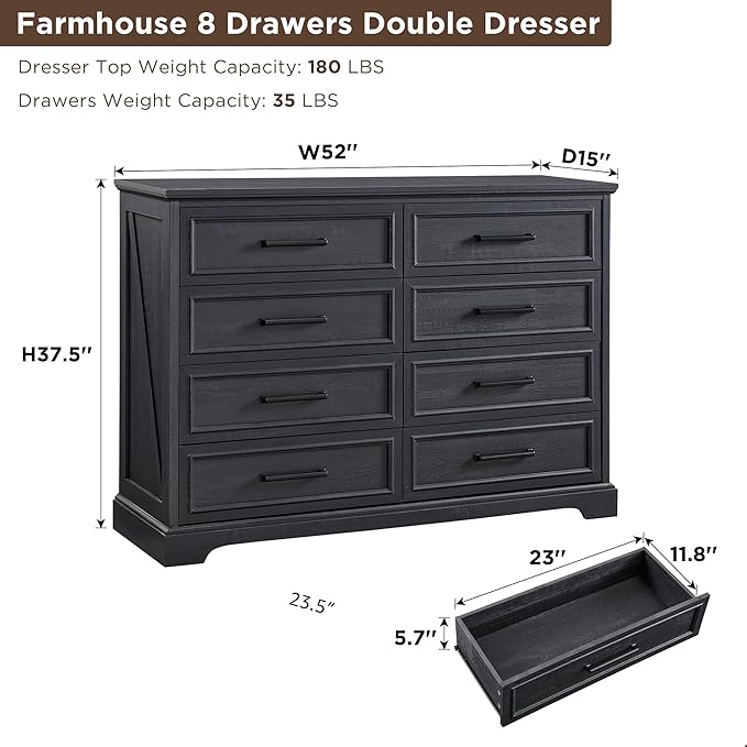 Farmhouse 8 Drawers Dresser Chests for Bedroom,52" Wide Wood Rustic Chest of Drawers with Metal Handle,Natural Texture,Drawer Organizer for Bedroom,Living Room,Hallway and Entryway,Black