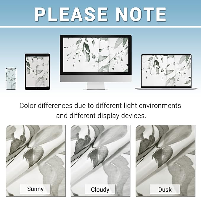 No Hook Shower Curtain with Snap in Liner - Eucalyptus Shower Curtain - Washable Waterproof Inner Liner, Plants Grey Leaves Modern Shower Curtains - Machine Washable, 71 x 86