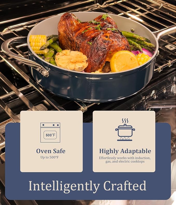 Ceramic Nonstick Pots and Pans Set 8-Piece Cookware Set - Non-Toxic & PTFE/PFOA/PFAS Free, Induction Compatible, Oven & Dishwasher Safe to 500°F, Navy Blue