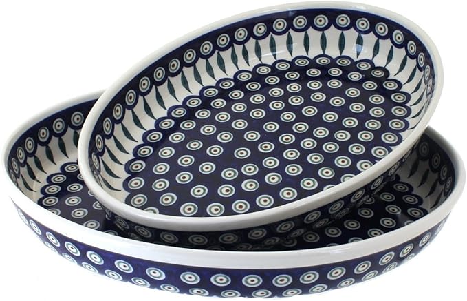 Blue Rose Polish Pottery - Blue Peacock Oval Baker Set - 2 Bakers - Unique, Dishwasher Safe, & Durable Bakeware