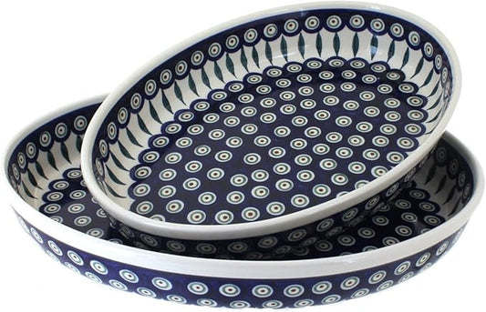 Blue Rose Polish Pottery - Blue Peacock Oval Baker Set - 2 Bakers - Unique, Dishwasher Safe, & Durable Bakeware