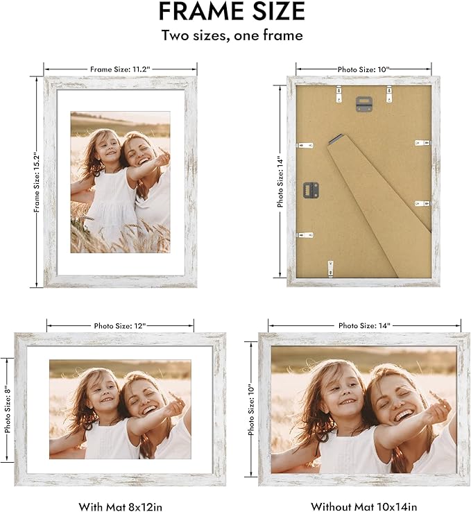 10x14 Picture Frame with Real Glass - 8x12 Wooden Frame with Mat, Horizontal and Vertical Display for Wall or Tabletop (Distressed White, 1 Pack)