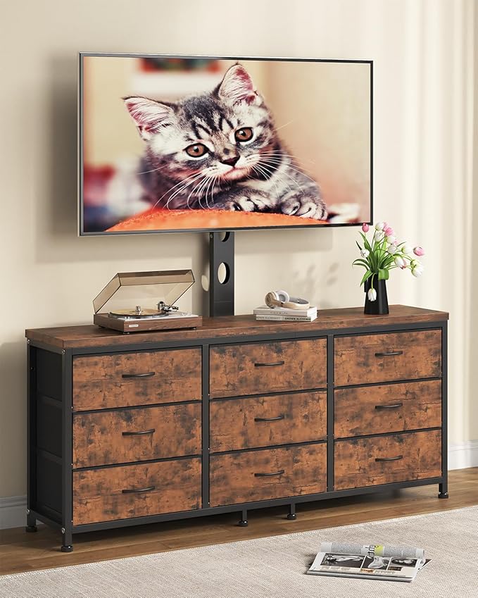 TV Stand with Mount for 32/55/65/75/85 inch TVs, Entertainment Center with 9 Fabric Drawers Dresser Storage, Height Adjustable Media Console