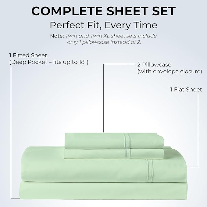100% Natural Cotton Sheets Queen Size Bed Set | 500 TC Single-Ply Sateen Weave | Soft, Breathable, Hypoallergenic Solid 4-Piece Bedding with Deep Pocket Fitted, Flat, Pillowcase | Sage