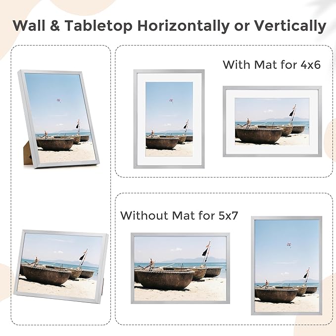5x7 Picture Frame - Metal Frame With Mat For 4x6 | 5 x 7 Aluminum Photo Frame | Plexiglass And Hanging Hardware Included | 5x7 Silver Picture Frame | 3Pcs, Silver
