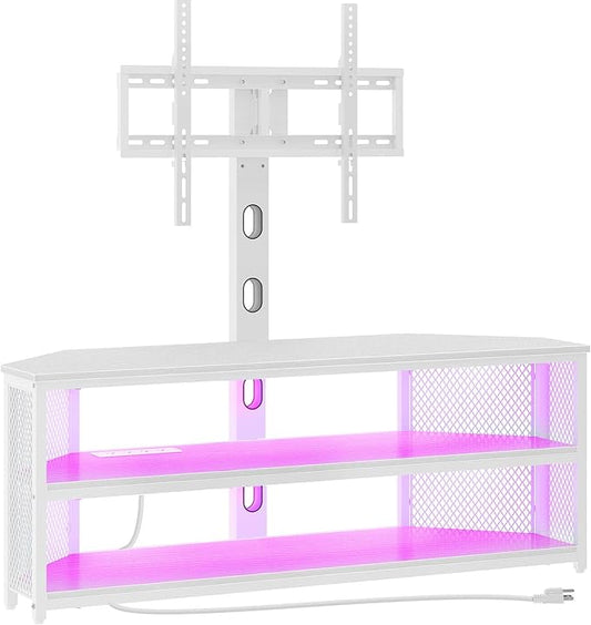 Rolanstar TV Stand with Mount and Power Outlet, Swivel TV Stand with LED Lights for 32/45/55/60/65/70 inch TVs, White Entertainment Center Media Console with Height Adjustable Mount