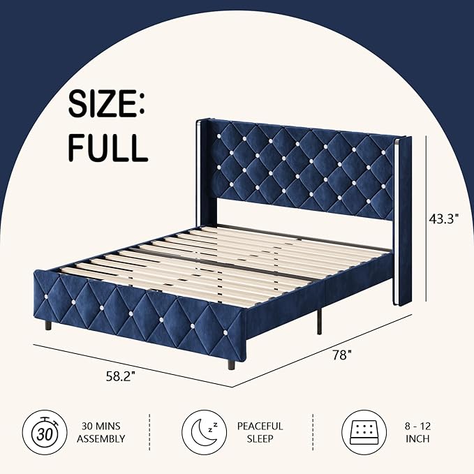 HOMBCK Full Size Bed Frame, Upholstered Bed with Diamond Headboard, Black Velvet Bed Frame with Wingback Headboard & Footboard, No Box Spring Needed, Easy Assembly, Blue