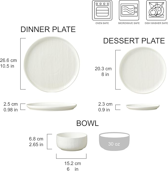 “Kai” 12-piece Stoneware Dinnerware Set with Protective Glaze Finish, Service for 4, White