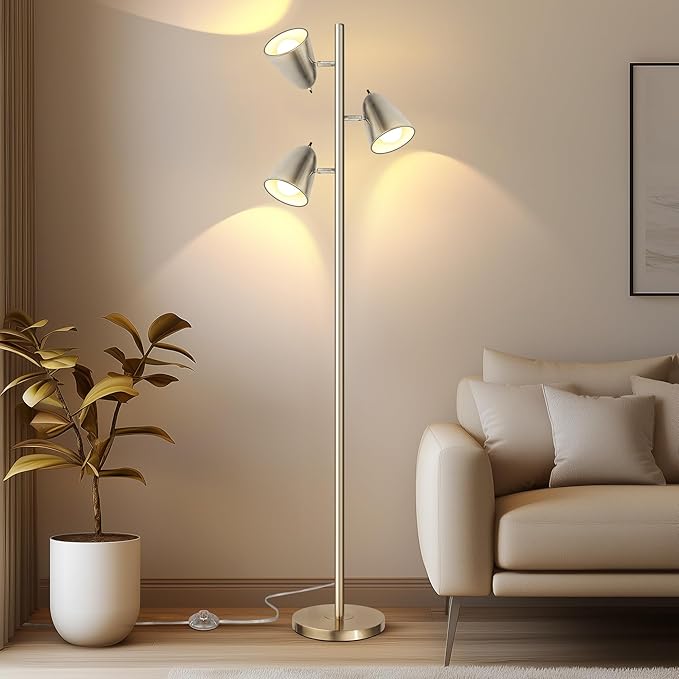 QiMH Tree Floor Lamp with 3 Light Bulbs, Standing Tall Pole Lamps for Living Room Bedroom Office, Reading Stand up Lamps with 3 Adjustable Arms,Brushed Nickel