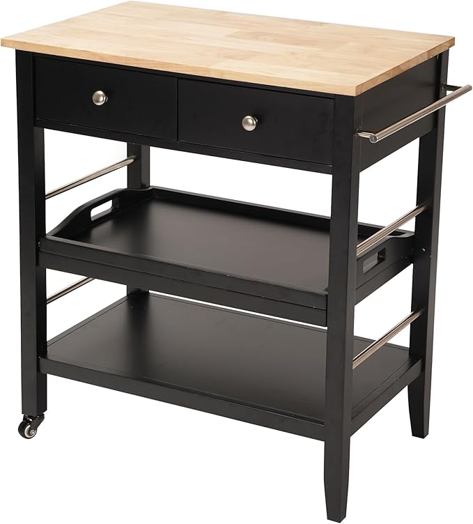Rolling Kitchen Island Cart, Black Kitchen Cart with Rubberwood Top, Ample Storage Drawers, Adjustable Shelves, Utility Cart with Wheels for Small Kitchens, 35” Height