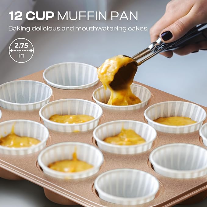12-Piece Nonstick Bakeware Set with Baking Pan, Cake Pan, Muffin Pan, Loaf Pan, Square Pan, Roasting Pan, Cookie Pan, Cooling Rack & Utensils - Ceramic Coated Gold