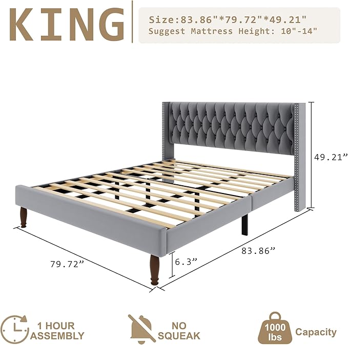 King Size Velvet Upholstered Bed Frame, 49.2" Tall Wingback Headboard, Deep Button Tufted, No Box Spring Needed, Solid Wood Legs, Grey