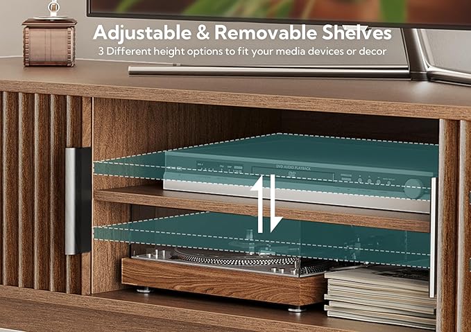 Claiks Mid-Century Modern TV Stand for 75 inch TV, Wood Fluted TV Stand with Storage and Adjustable Shelves, Low Profile TV Console for Living Room, Walnut