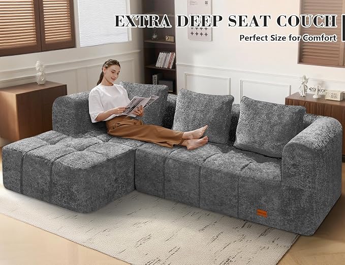 HABUTWAY 105" L-Shaped Modular Sectional Sofa, No Assembly Required Deep Seat Couch with 3 Pillows, Soft Fabric Upholstered, Modern Chaise Lounge for Living Room, Bedroom,Black (Grey)