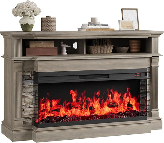 QUW Fireplace TV Stand for TVs up to 65", Farmhouse 52" Fireplace Entertainment Center with 36" 3-Side Glass Electric Fireplace, TV Console with Open Storage Shelves for Living Room, Grey