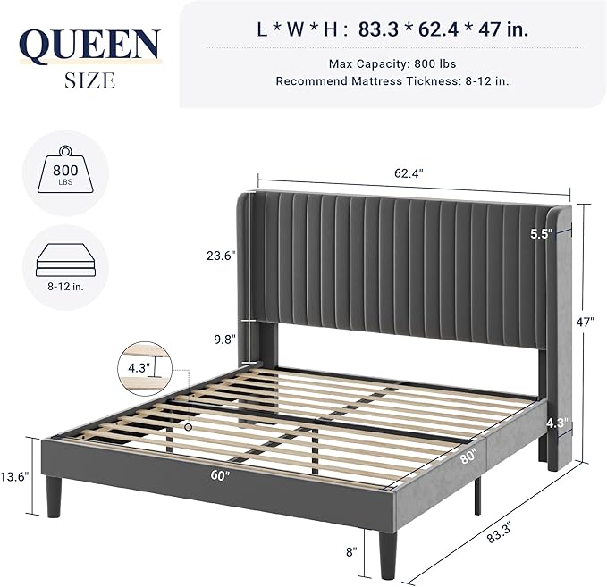Allewie Queen Size Velvet Bed Frame/Vertical Channel Tufted Wingback Headboard/Upholstered Platform Bed/Strong Wooden Slats/No Box Spring Needed/Easy Assembly/Grey