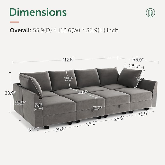 HONBAY Modular Sectional Sleeper Sofa Velvet Sleeper Couch with Storage Seats Oversized Sectional for Living Room,Grey