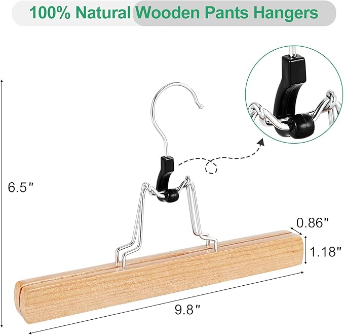 TOPIA HANGER 24 Pack Wooden Pants Hangers, Hair Extension Hangers Non Slip Skirt Hanger Wood Clamp with Velvet Padded 360° Swivel Hook for Jeans, Skirts, Trousers, Wigs Natural CT68N