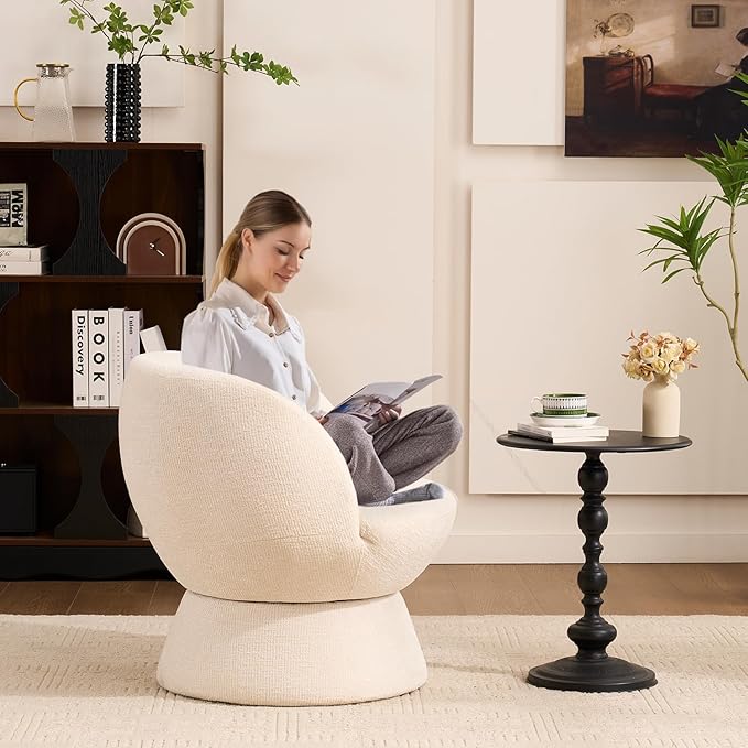 360° Swivel Boucle Bucket Chair, Accent Barrel Makeup Vanity Chair Modern Lounge Single Sofa with Padded Armrest for Dining Room, Living Room, Bedroom and Home Office. (Beige)