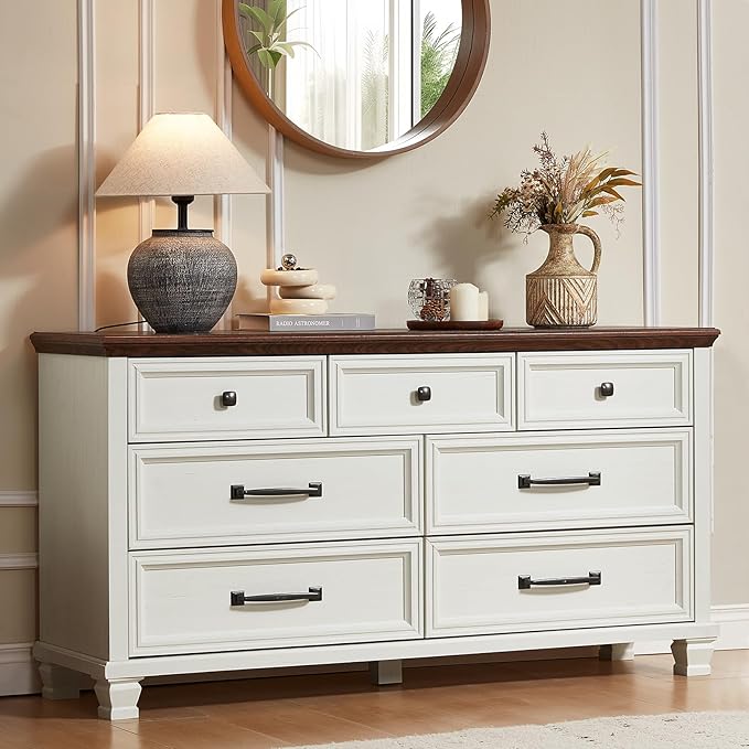 Farmhouse 7 Drawer Dresser for Bedroom, 54” Wide Dresser for Closet, Large Rustic Wooden Dressers, Chest of Drawers for Bedroom, Living Room, Entryway, White