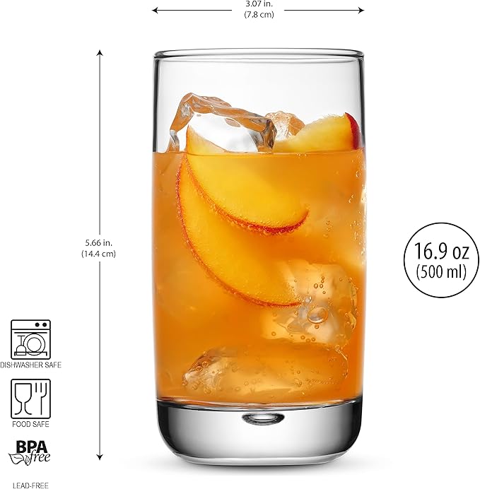Set of 4 Highball Glasses 16 Oz Collins Cocktail Drinking Glass Cups, Bubble Base Glassware for Water, Juice, Cocktails, Beer Pint Glasses, Modern Basic Tumblers.