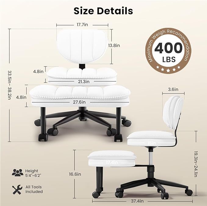 Cross Legged Office Chair, Ergonomic Cloud Criss Cross Desk Chair, Meditation Chair with Wheels, Height Adjustable Seat for ADHD, Wide Kneeling Chair with Back Support, Corduroy Fabric, White