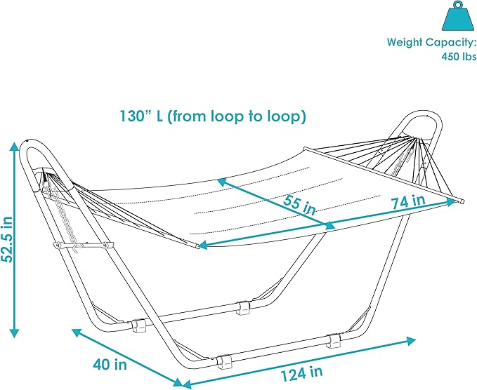 Sunnydaze Double Quilted Fabric Hammock with Universal Steel Stand - 450-Pound Capacity - Black Stand - Misty Beach