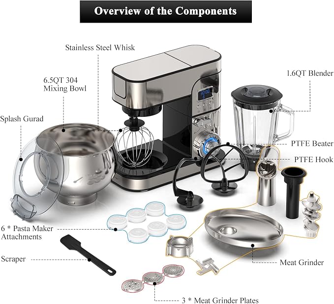6-IN-1 Stand Mixer, LCD Display Kitchen Electric Mixer, 6.5QT Stainless Steel Bowl, Multi-Function Kitchen Blender With Dough Hook, Whisk, Beater, Meat Grinder, Splash Guard