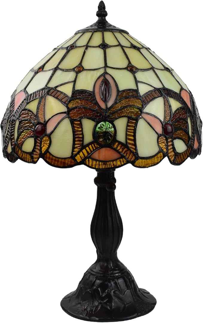 Amora Vintage Tiffany Table Lamp - Frosted White Stained Glass Nightstand Lamp - Geometric Table Night Light - 19” Stained Glass Lamps for Living Room
