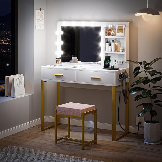 Semiocthome Makeup Vanity Desk with Mirror and Lights, Vanity Table with Power Outlet, Shelves, 2 Drawers, and Metal Frame, 3 Lighting Modes & Adjustable Brightness Dressing Table with Chair - White